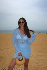 Ensemble cardigan et jupe à boutons en perles bleues - 7221