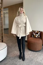 Cream Buttoned Belted Cashmere Poncho - 2055 Cream Buttoned Belted Cashmere Poncho - 2055