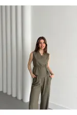 Haki Kruvaze Yaka Yelek Pantolon Takım