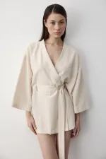 Natural Yarım Kol İçten Kemerli Kimono - 5383