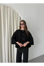 Black Batwing Sleeve Set with Lace-up Button Detail