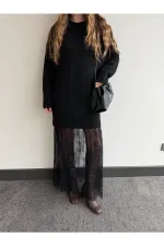 Siyah Tül Detaylı Uzun Triko Elbise - 251009