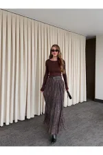 Kahverengi Beli Lastikli Kemerli Baskılı Etek - 3374