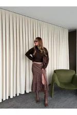 Kahverengi Saten Dantelli Etek - 37206