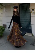 Haki - Sarı Yaprak Desenli Etek - 251101