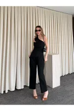 Siyah Tek Omuz Tasarım Yaka Bluz Pantolon Takım - 8003