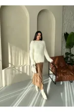 Sütlü Kahve Yandan Gizli Fermuarlı Beli Lastikli Saten Etek