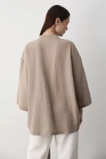 Sütlü Kahve Iç Kemerli Fakir Kol Kimono - 5383