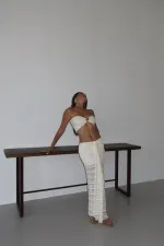 Beyaz Dantel Detaylı Crop Takım