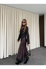 Kahverengi Puantiyeli Saten Etek Ucu Dantelli Etek - 50228