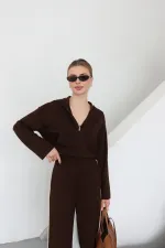 Ensemble à capuche marron avec garniture - 8569