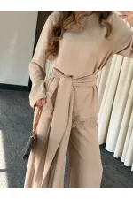 Bej Kuşaklı Dantel Detaylı Bluz Pantolon Takım - 8006