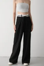 Siyah İp Kemer Detaylı Tasarım Pantolon - 3576