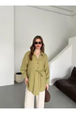 Chemise kaki 100 % coton à boutons croisés avec ceinture