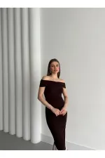 Kahverengi Kayık Yaka Fırfırlı Elbise - 4798