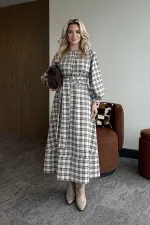 Stone Plaid Belted Long Dress - 1235 Stone Plaid Belted Long Dress - 1235