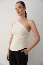 Ekru Tek Omzu Açık Asimetrik Bluz - 251006