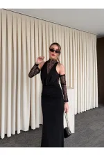 Black V-Neck Dress with Lace Gloves - 20117