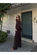 Kahverengi Taşlı Bluz Pantolon Takım - 0766