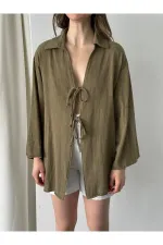 Olive %100 Keten Bağcık Detaylı Kimono Bluz - 5218