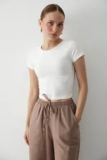 Pantalon en coton et lin couleur vison avec taille élastiquée