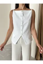 White 100% Cotton Thin Strap Vest with Pocket and Button Details White 100% Cotton Thin Strap Vest with Pocket and Button Details