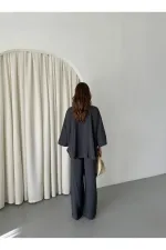 Ensemble chemisier et pantalon anthracite avec détails de surpiqûres au col - 9002