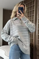 Grey and White Striped Sweater -1510