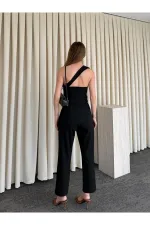 Siyah Tek Omuz Tasarım Yaka Bluz Pantolon Takım - 8003