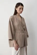 Sütlü Kahve Iç Kemerli Fakir Kol Kimono - 5383