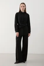 Ensemble chemise et pantalon noirs avec boutons décoratifs dorés - 8856