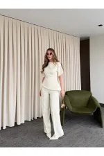 Ensemble chemisier et pantalon asymétrique blanc cassé à manches ballon - 25194