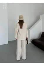 Natural 100% Cotton Double-Breasted Single-Button Kimono Pants Set - 8351 Natural 100% Cotton Double-Breasted Single-Button Kimono Pants Set - 8351