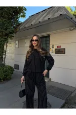 Siyah Taşlı Bluz Pantolon Takım - 0766