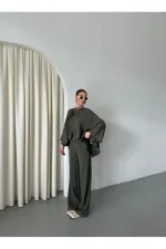 Ensemble chemisier et pantalon kaki avec détails de surpiqûres au col - 9002