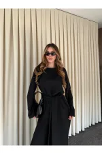 Siyah Kuşaklı Dantel Detaylı Bluz Pantolon Takım - 8006