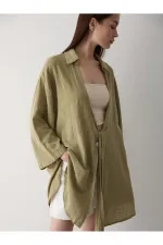 Haki Flam Keten Kimono Gömlek