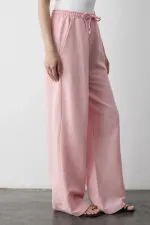 Pantalon rose en coton et lin avec taille élastique