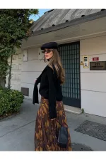 Haki - Sarı Yaprak Desenli Etek - 251101