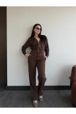 Kahverengi %100 Pamuk Kapüşonlu Fitilli Takım - 51232