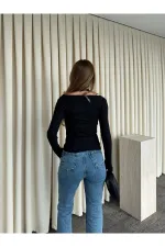 Black Blouse with Lace Neckline - 261017