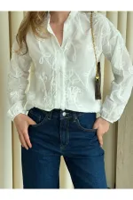 Ekru Kolu Lastikli Nakışlı Gömlek - 4231