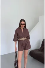 Kahverengi Hasır Kemerli Gömlek Şort Takım