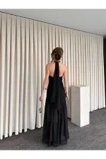 Siyah Gül Detaylı Şifon Elbise - 2485