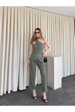 Haki Tek Omuz Tasarım Yaka Bluz Pantolon Takım - 8003