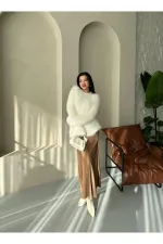 Sütlü Kahve Yandan Gizli Fermuarlı Beli Lastikli Saten Etek