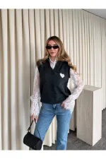 Anthracite Sweater with Heart Embroidery, Lace Sleeves and Collar - 1247