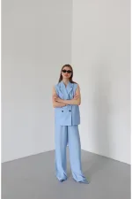 Blue and Black Button-Down Vest and Trousers Set