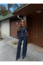 Lacivert Belden Oturtma Denim Ceket Pantolon Takım - 0838