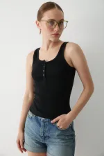 Black Front Buttoned Tank Top - 251001